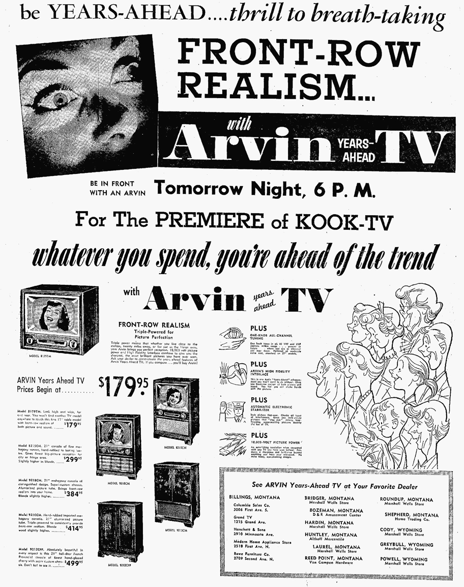 KOOK-TV Channel 2 Billings, MT Newspaper ad 1953