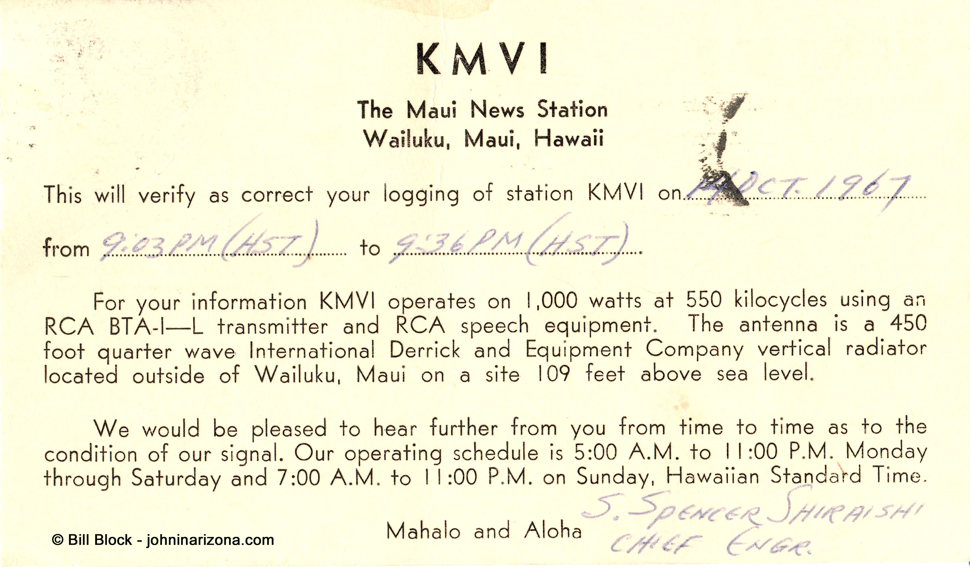 KMVI Radio 550 Wailuku, Maui, Hawaii - 1967