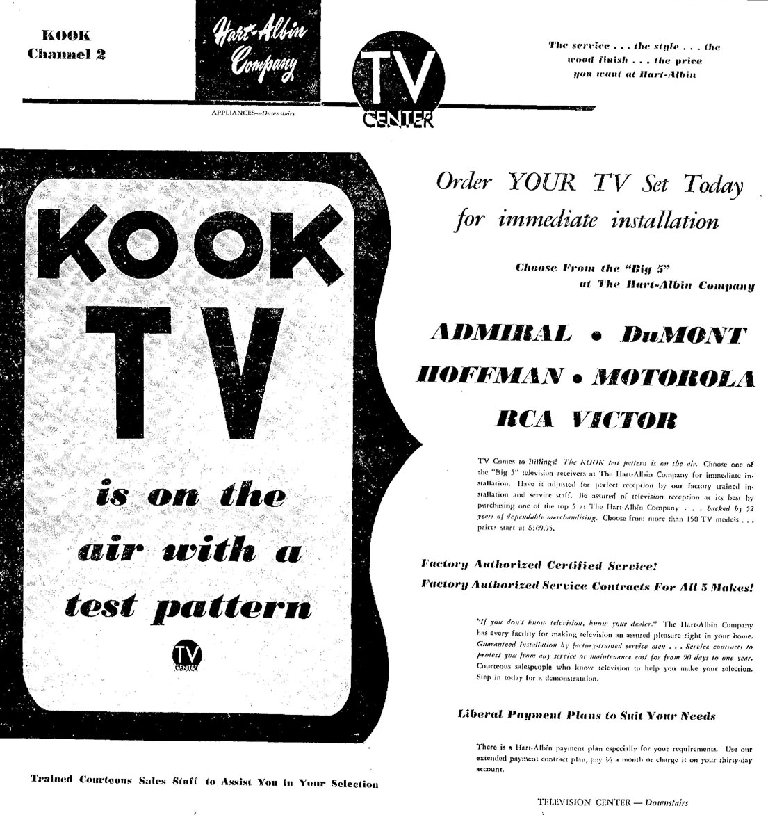 KOOK-TV Channel 2 Billings, MT Newspaper ad 1953