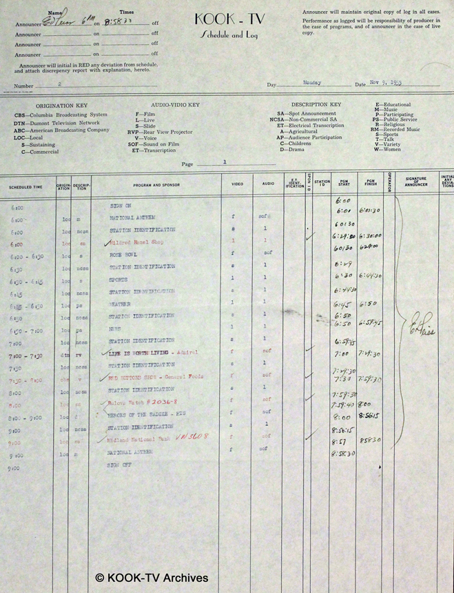 KOOK-TV Channel 2 Billings, MT First Log - 11-9-1953